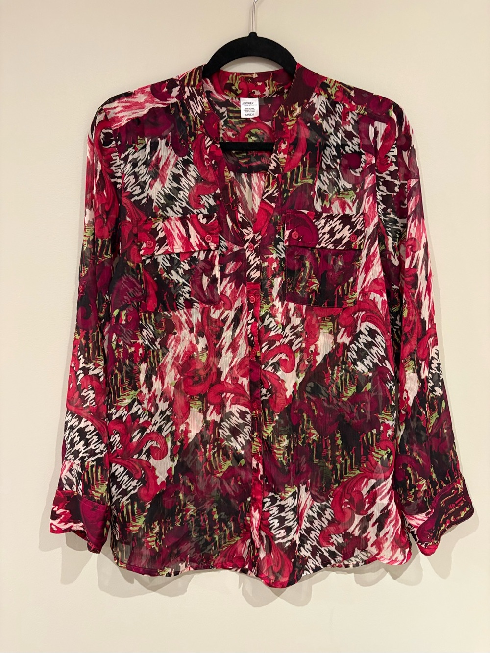 Jockey Pink Burgundy Abstract Print Sheer Button-Down Shirt